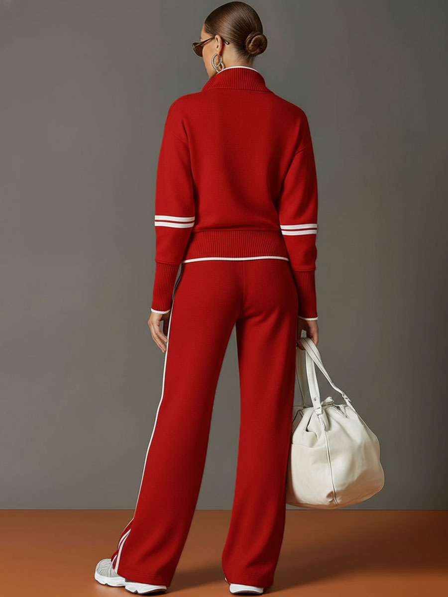 Womens 2 piece zip sweatshirt wide leg set with cotton blend and striped trim