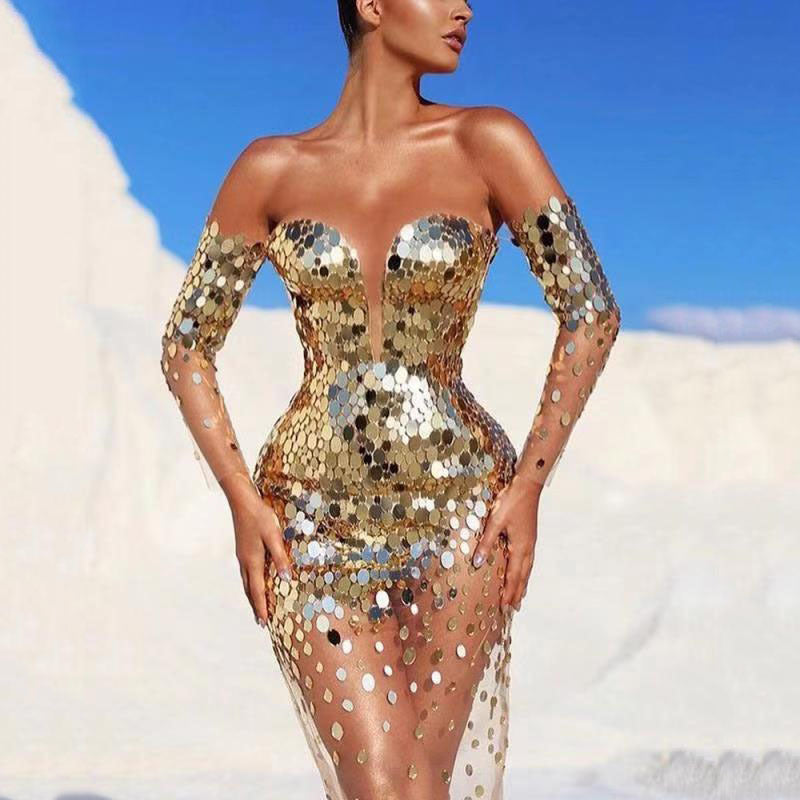 Sequin Dress | Gold Banquet Evening Gown | Women's Elegant