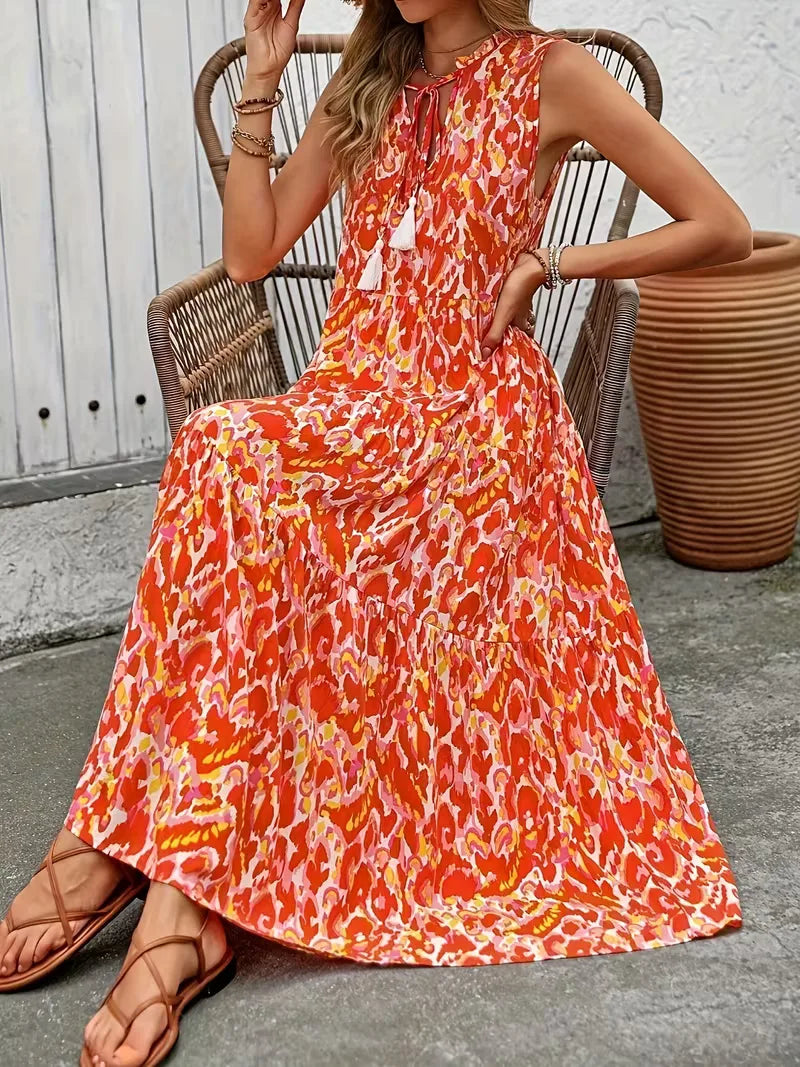 Linen Loose Summer Dress | Bohemian A-Line, V-Neck | Colorful