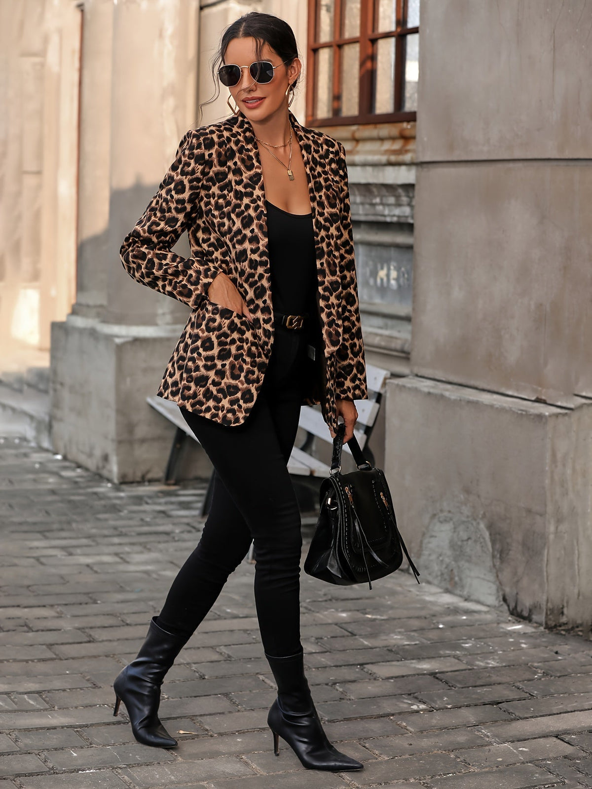 Womens leopard print blazer long with long sleeves, all season animal print