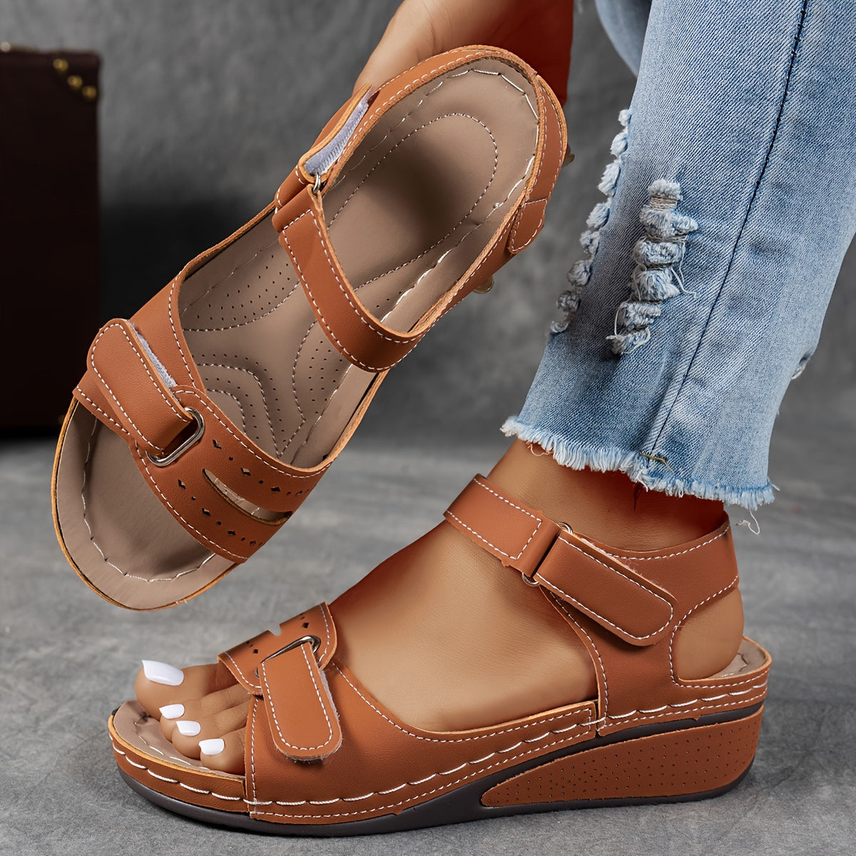 Women's Cushioned Leather Sandals | Adjustable Strap, PU Leather