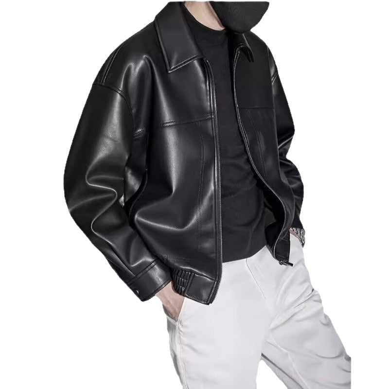 Men slim fit leather jacket stand collar zip closure