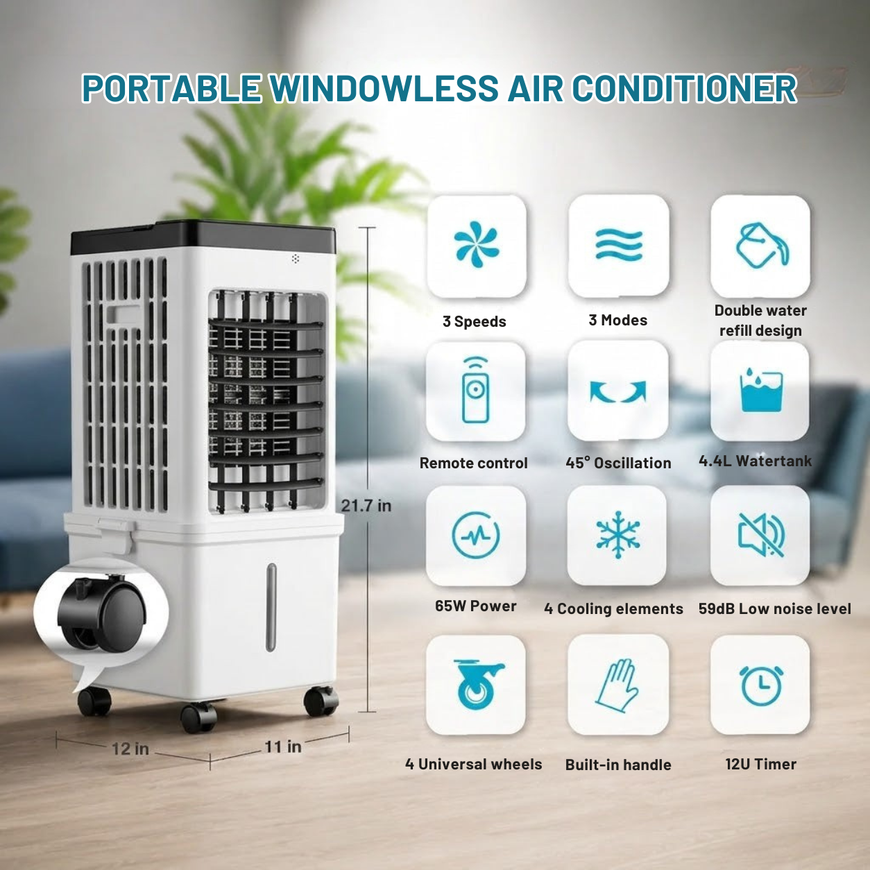 Portable Air Conditioner | Evaporative Cooler, 3 Speeds | Remote Control, 12 h Timer