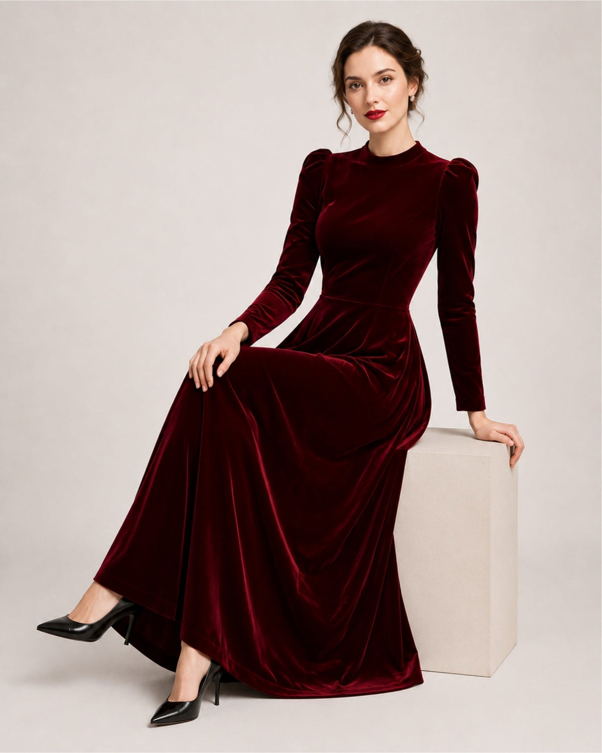 Women Velvet Midi Dress Long Sleeve A Line