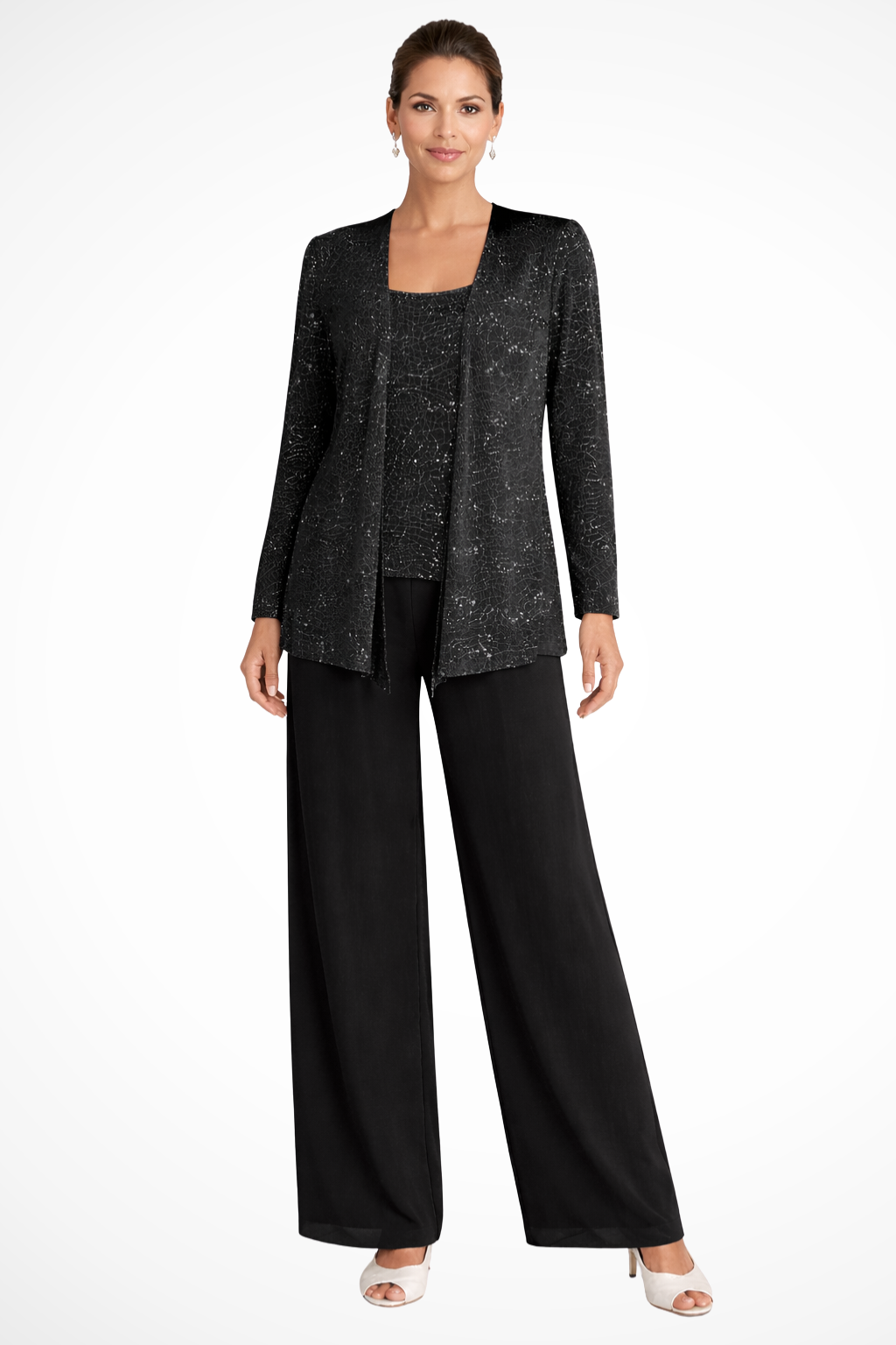 Women 3 piece sequin lace jacket wide leg trouser suit in silver for party and wedding