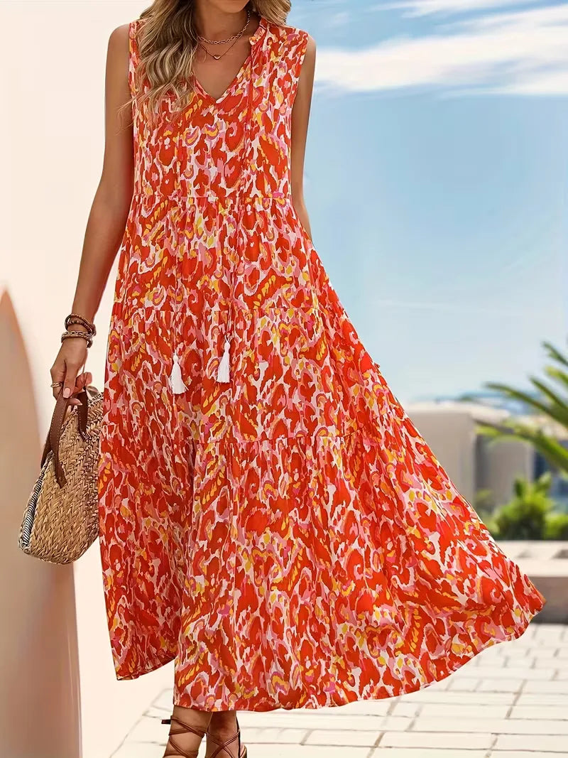 Linen Loose Summer Dress | Bohemian A-Line, V-Neck | Colorful