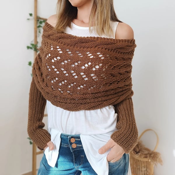 Women everything winter knit shawl scarf wrap with double sleeves in multiple colours