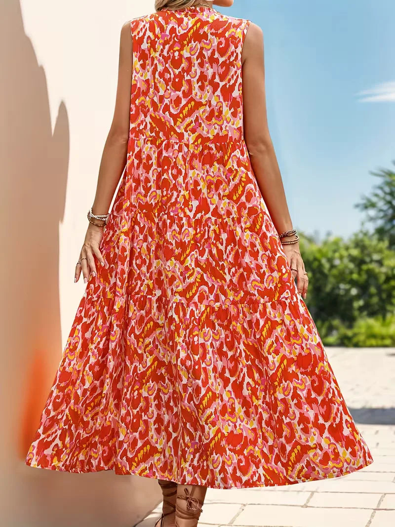 Linen Loose Summer Dress | Bohemian A-Line, V-Neck | Colorful