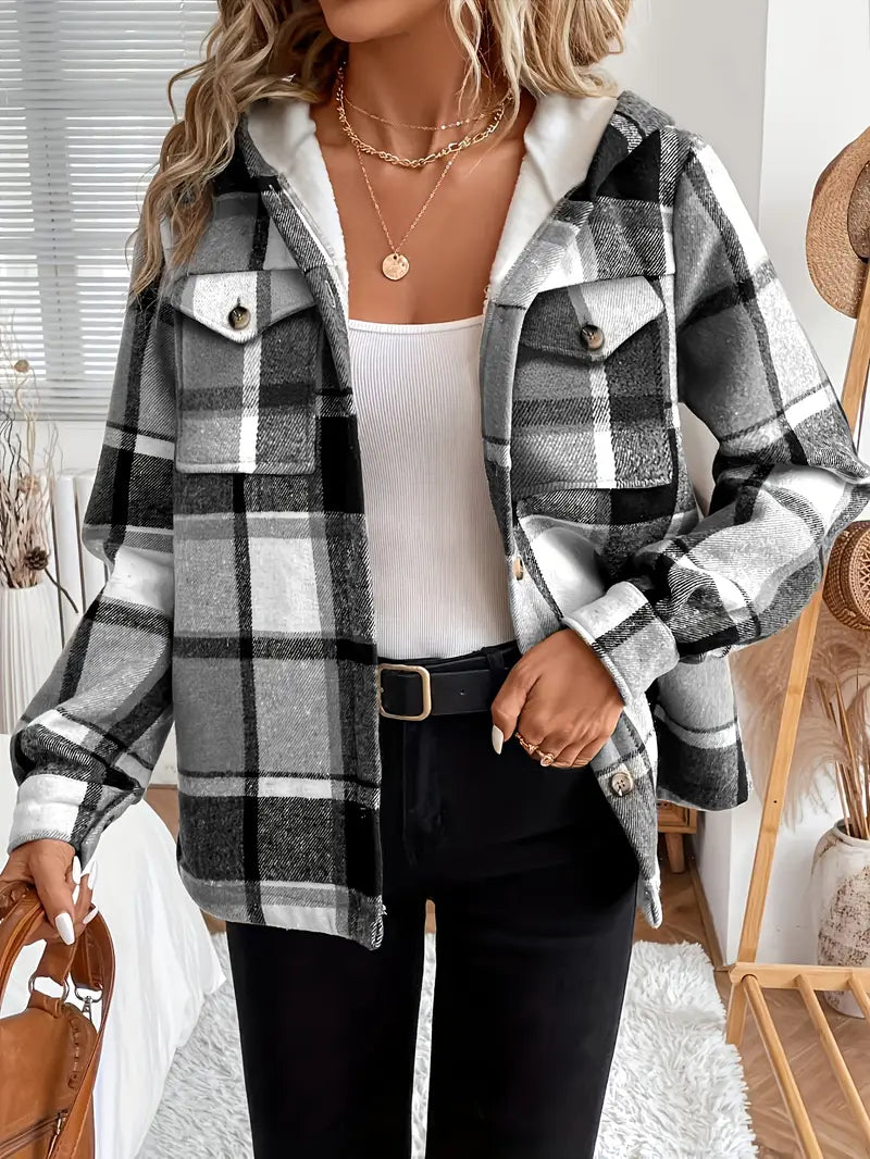 Plaid hooded jacket women with fleece lining and hood