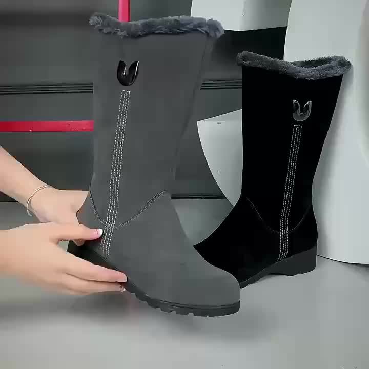 Women mid-calf boots with fur trim fold-over cuff and side zip