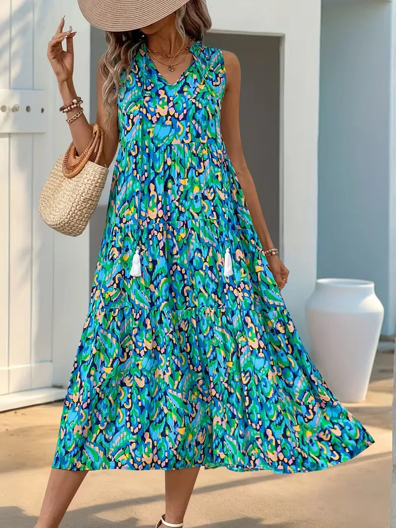 Linen Loose Summer Dress | Bohemian A-Line, V-Neck | Colorful