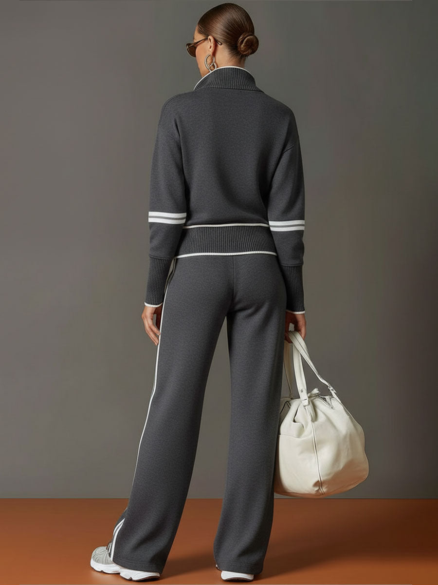 Womens 2 piece zip sweatshirt wide leg set with cotton blend and striped trim