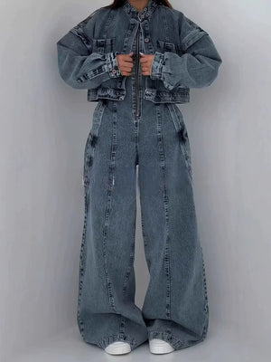 Denim Jumpsuit Set | Zip Front with Matching Jacket | Stretch