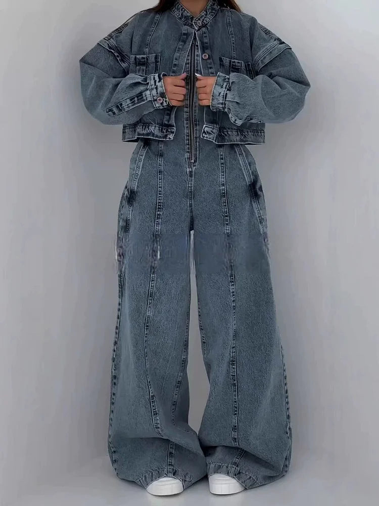Denim Jumpsuit Set | Zip Front with Matching Jacket | Stretch