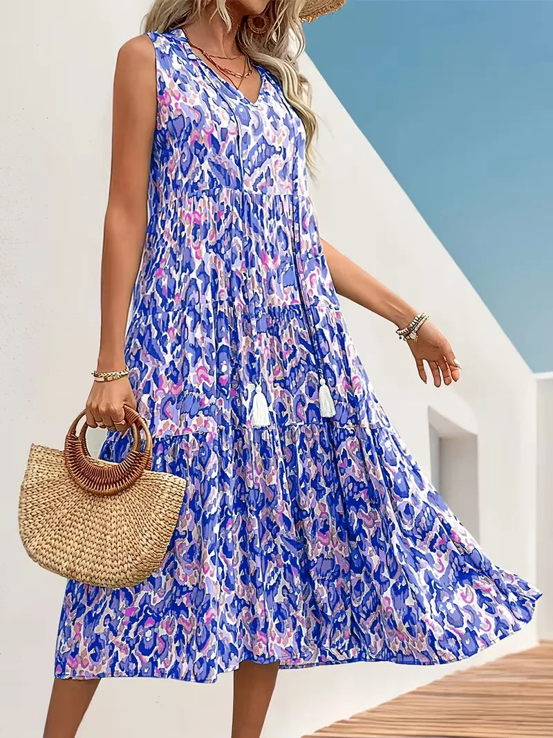 Linen Loose Summer Dress | Bohemian A-Line, V-Neck | Colorful