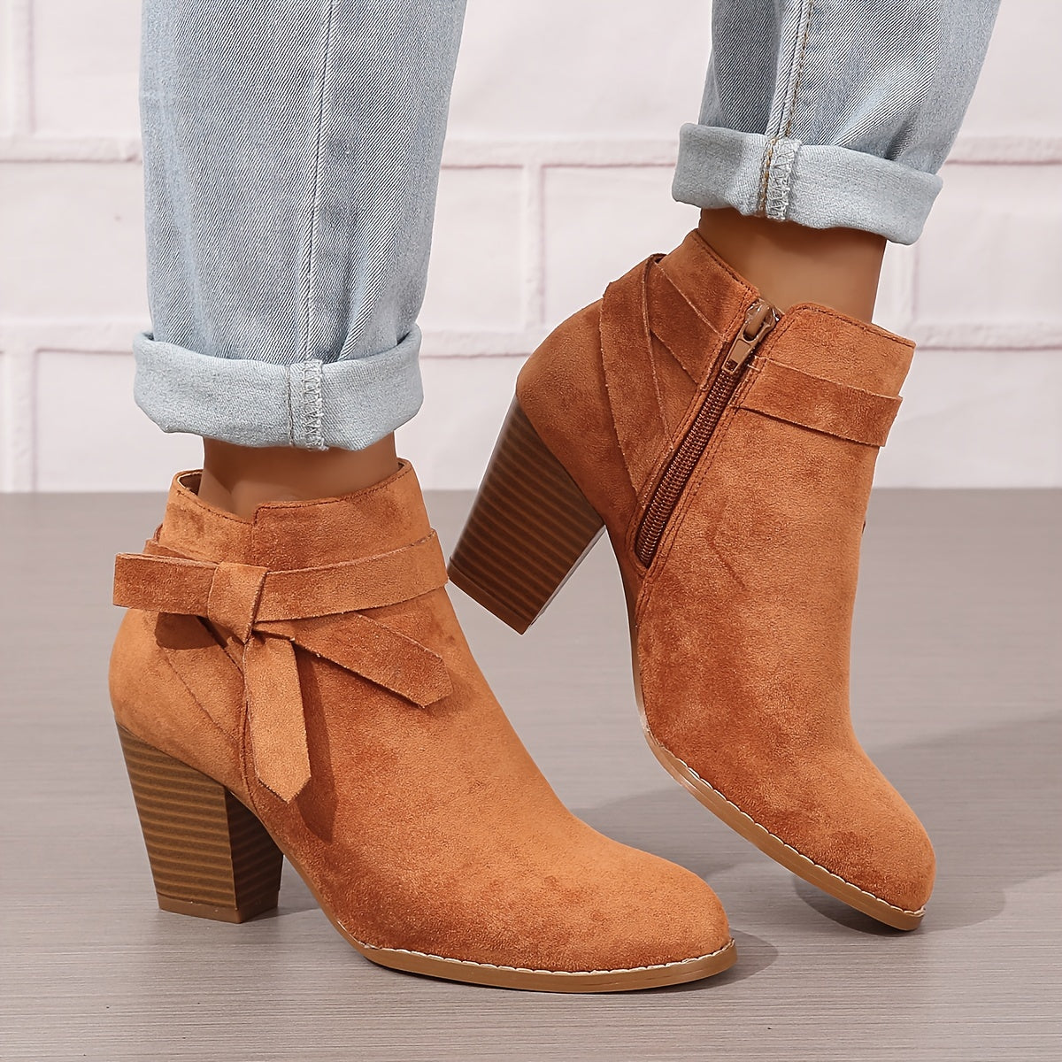 Women pointed toe block heel ankle boots with bow detail and side zip