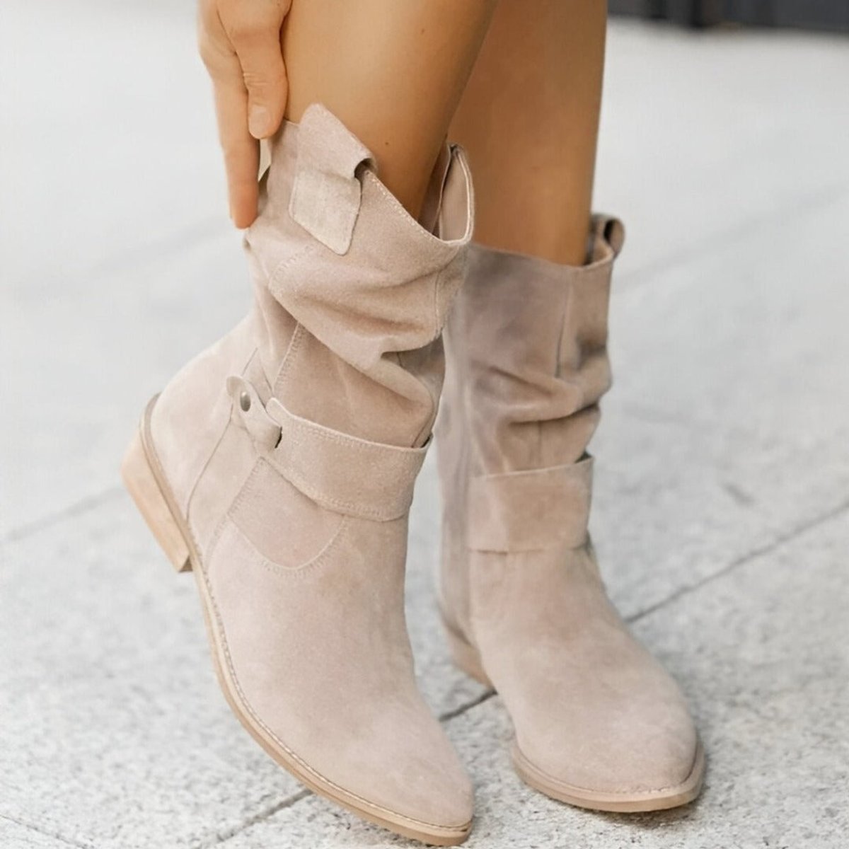 Women knee high slouchy boots with low block heel and faux suede upper