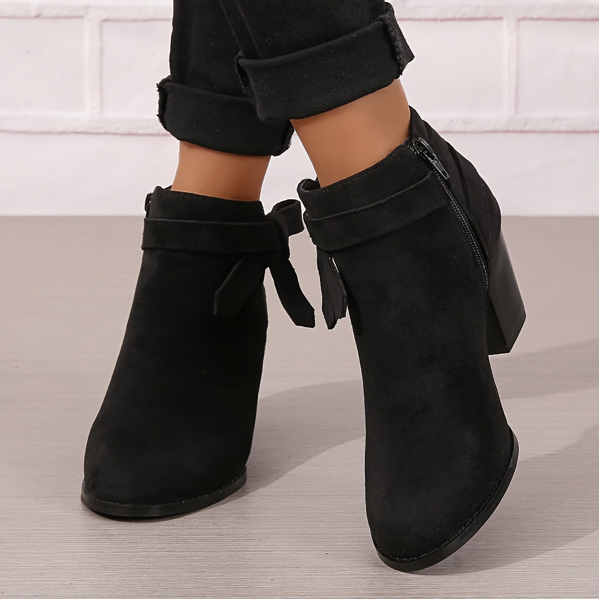Women pointed toe block heel ankle boots with bow detail and side zip