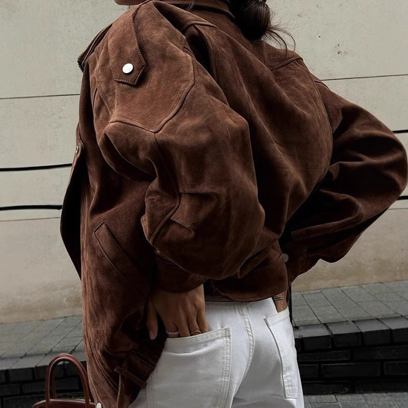 Oversized Bomber Jacket Women | Brown Suede, Asymmetric Zip