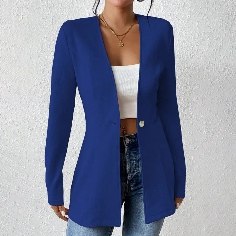 Women tailored single button blazer structured silhouette open lapel