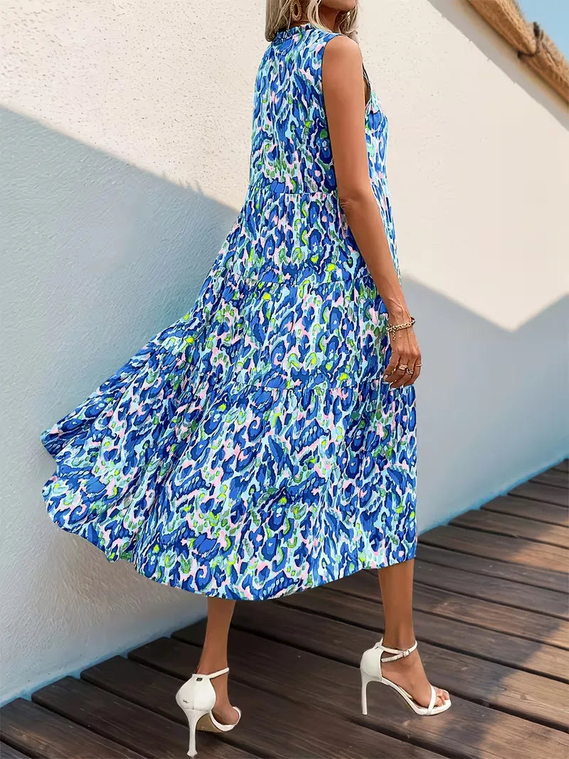 Linen Loose Summer Dress | Bohemian A-Line, V-Neck | Colorful