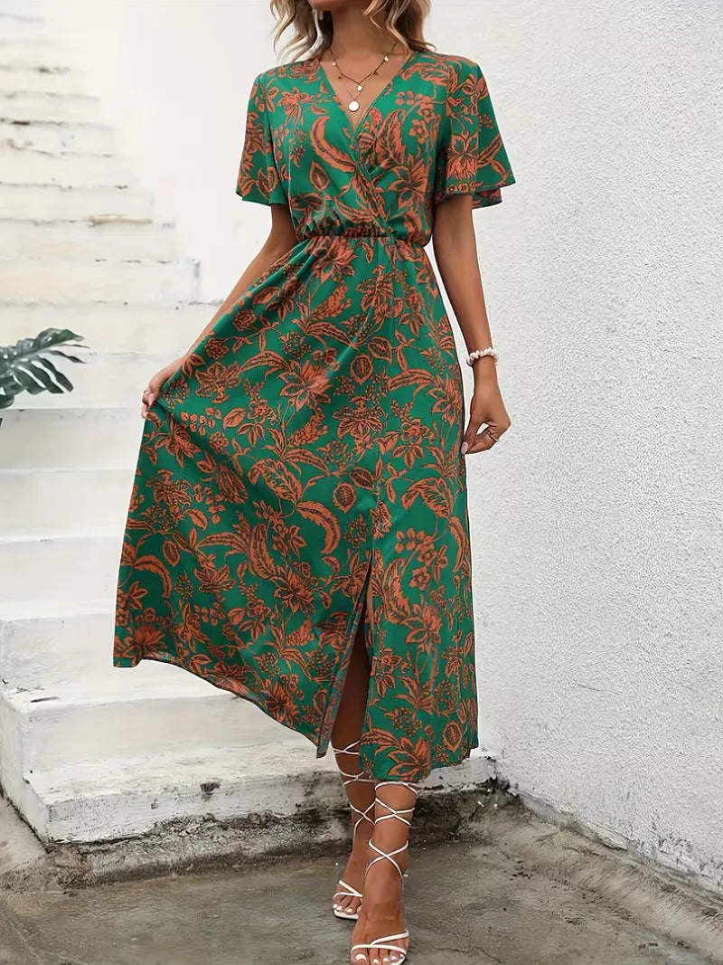 Floral Wrap Summer Dress | Bohemian, Midi, Short Sleeve