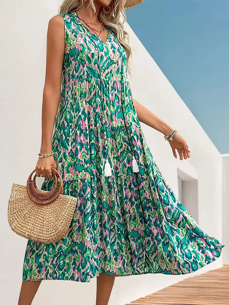 Linen Loose Summer Dress | Bohemian A-Line, V-Neck | Colorful