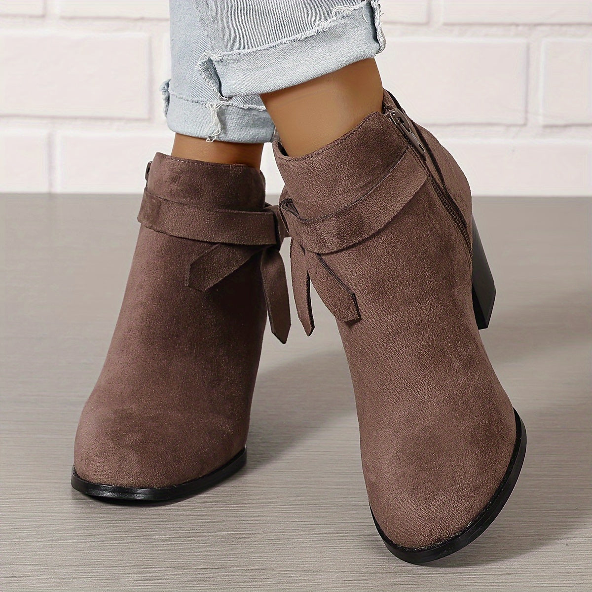 Women pointed toe block heel ankle boots with bow detail and side zip