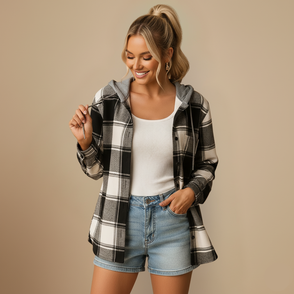 Plaid hooded jacket women relaxed fit with breathable fabric