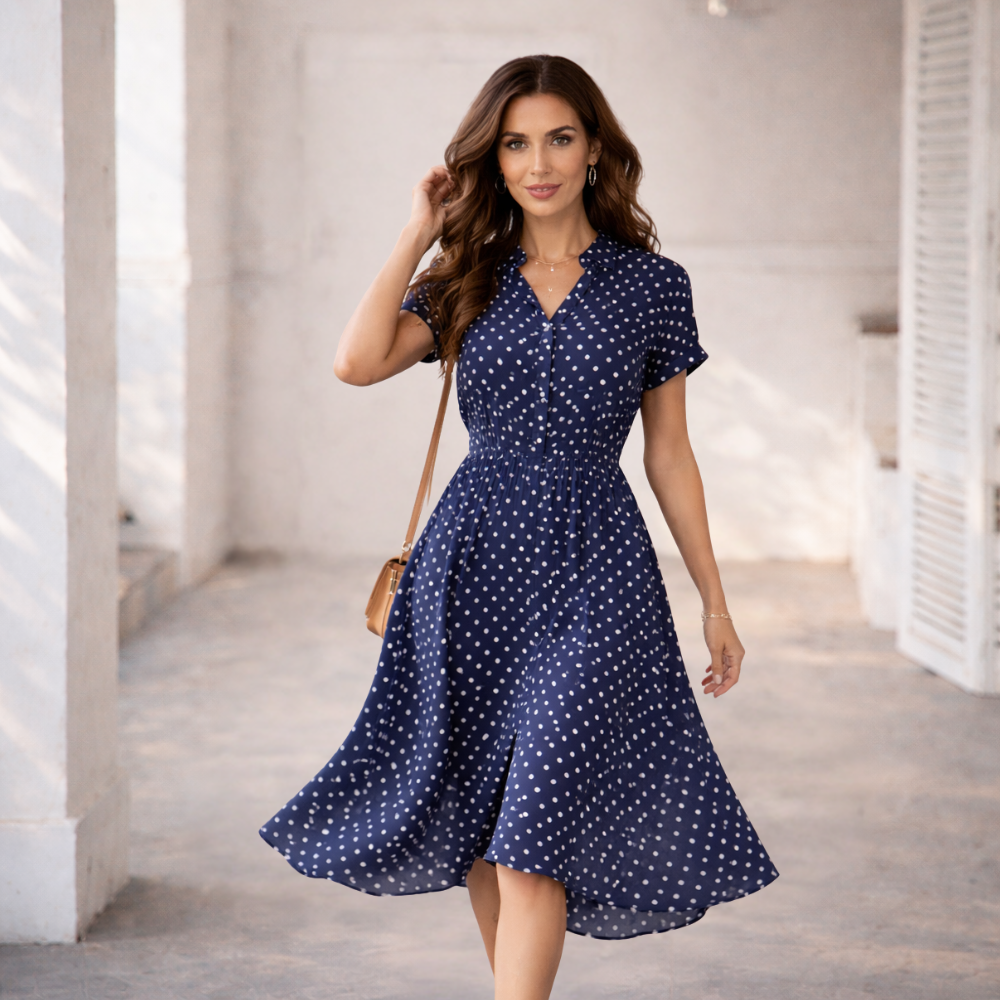 Polka Dot Dress Casual Midi Dress with Lace and Buttons