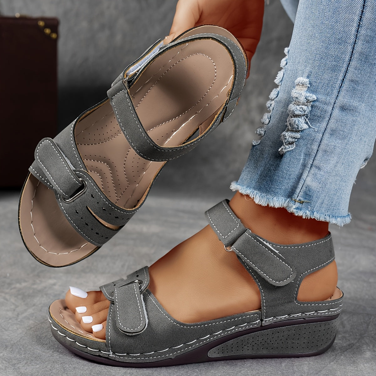 Women's Cushioned Leather Sandals | Adjustable Strap, PU Leather