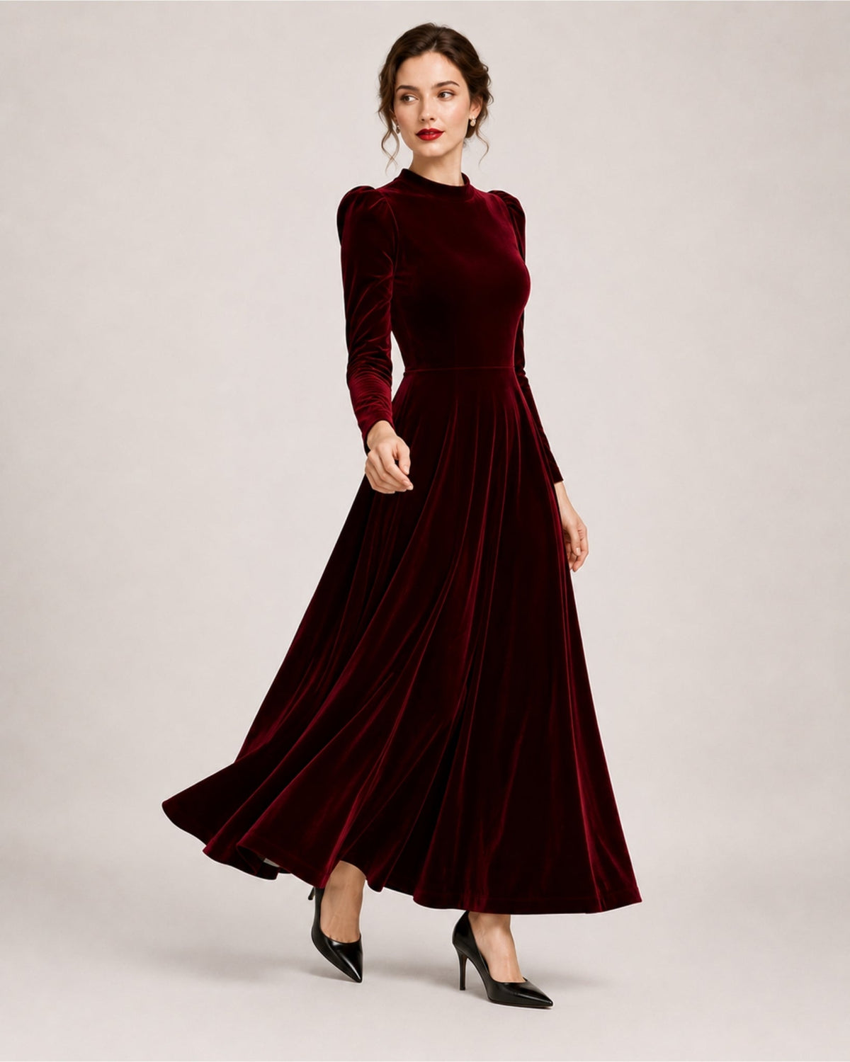 Women Velvet Midi Dress Long Sleeve A Line