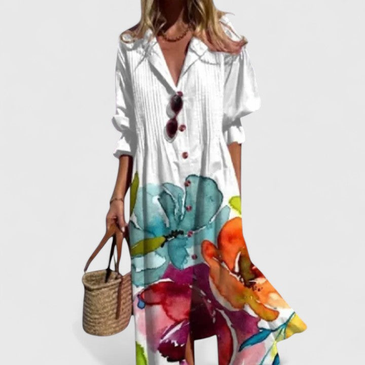 Women boho floral dress relaxed fit vibrant pattern multicolour
