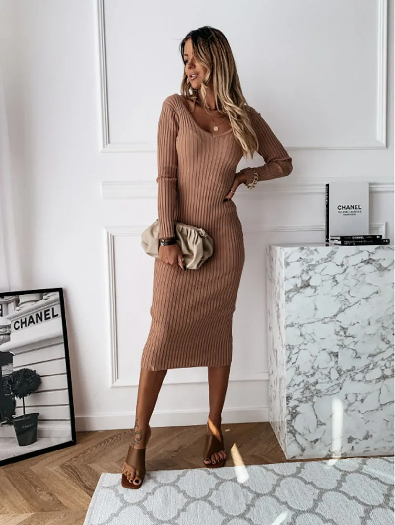 Knit Midi Dress | Women's V Neck, Long Sleeve | Casual Knit Style