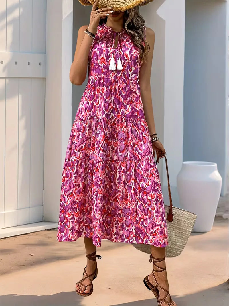 Linen Loose Summer Dress | Bohemian A-Line, V-Neck | Colorful
