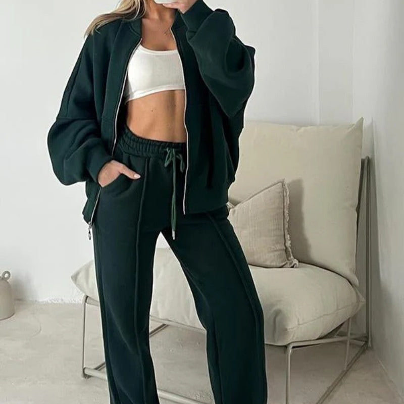 Womens 2 piece zip sweatshirt wide leg set with cropped jacket and drawstring waist