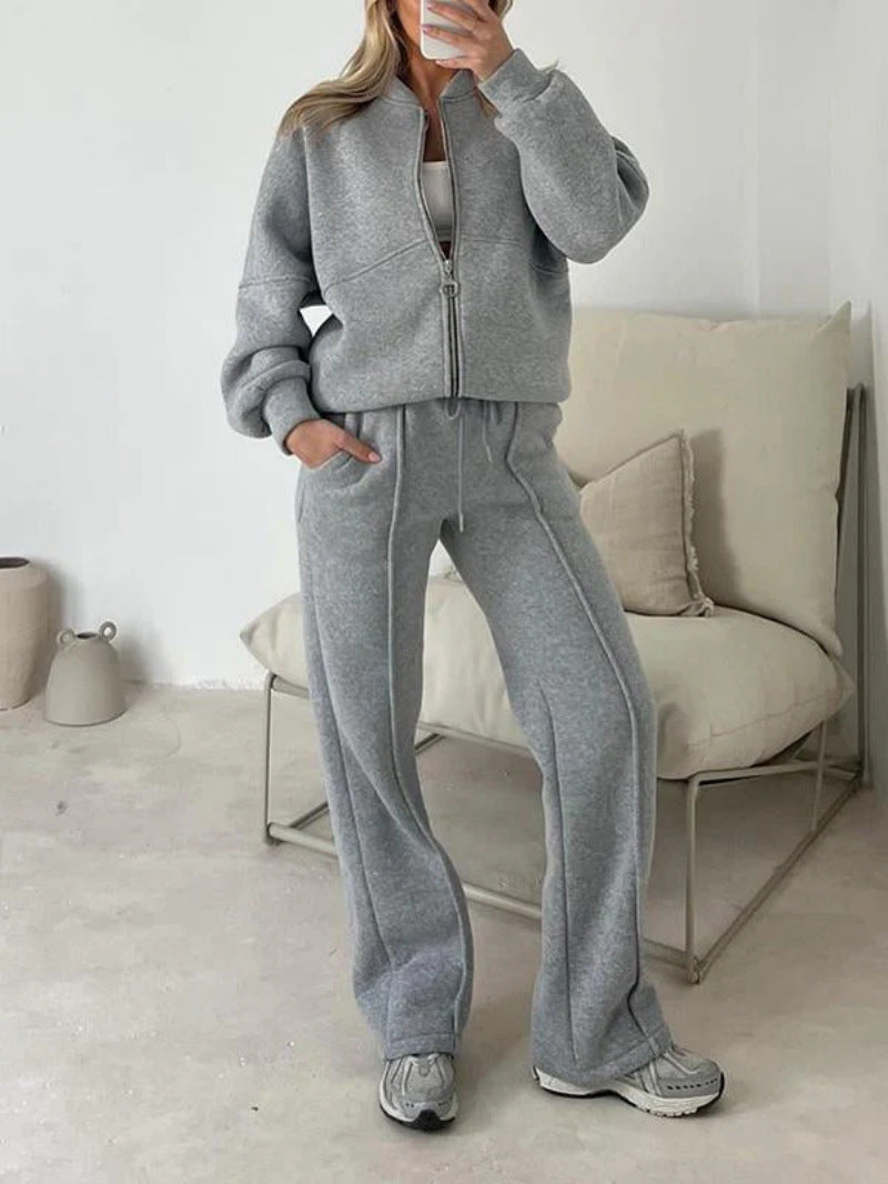 Womens 2 piece zip sweatshirt wide leg set with cropped jacket and drawstring waist