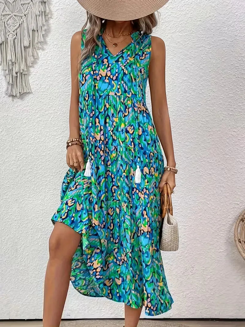 Linen Loose Summer Dress | Bohemian A-Line, V-Neck | Colorful