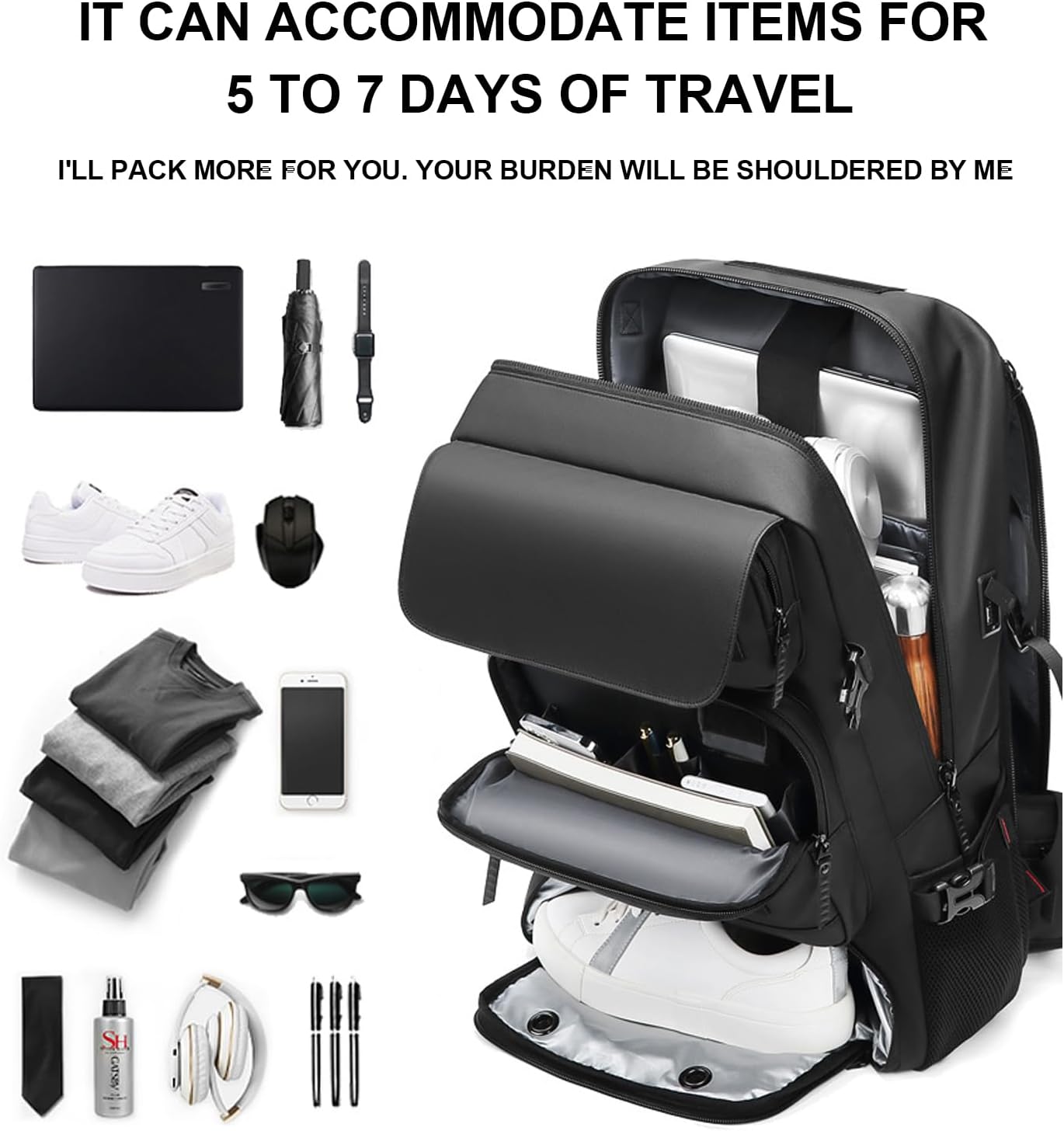 50L Travel Backpack | Expandable, Waterproof | Shoe Compartment, USB Port