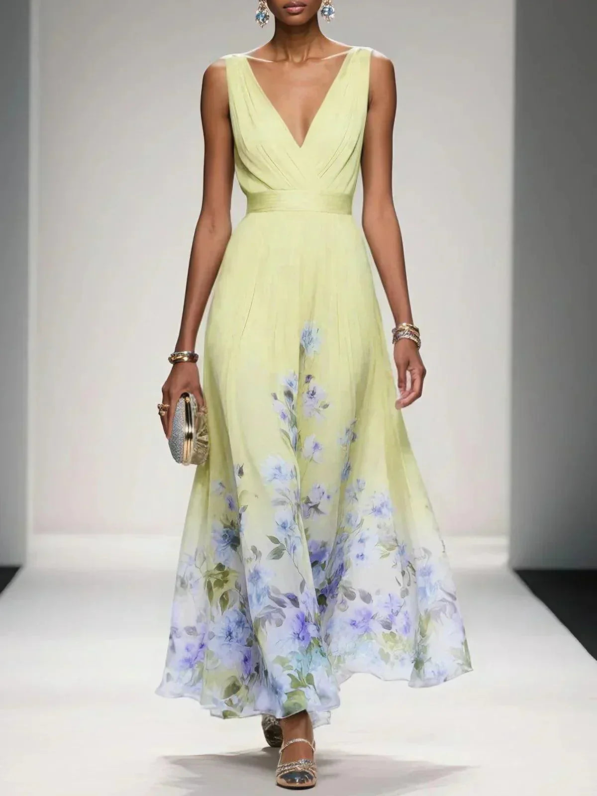 Women floral print maxi dress with V-neckline, flowing A-line silhouette