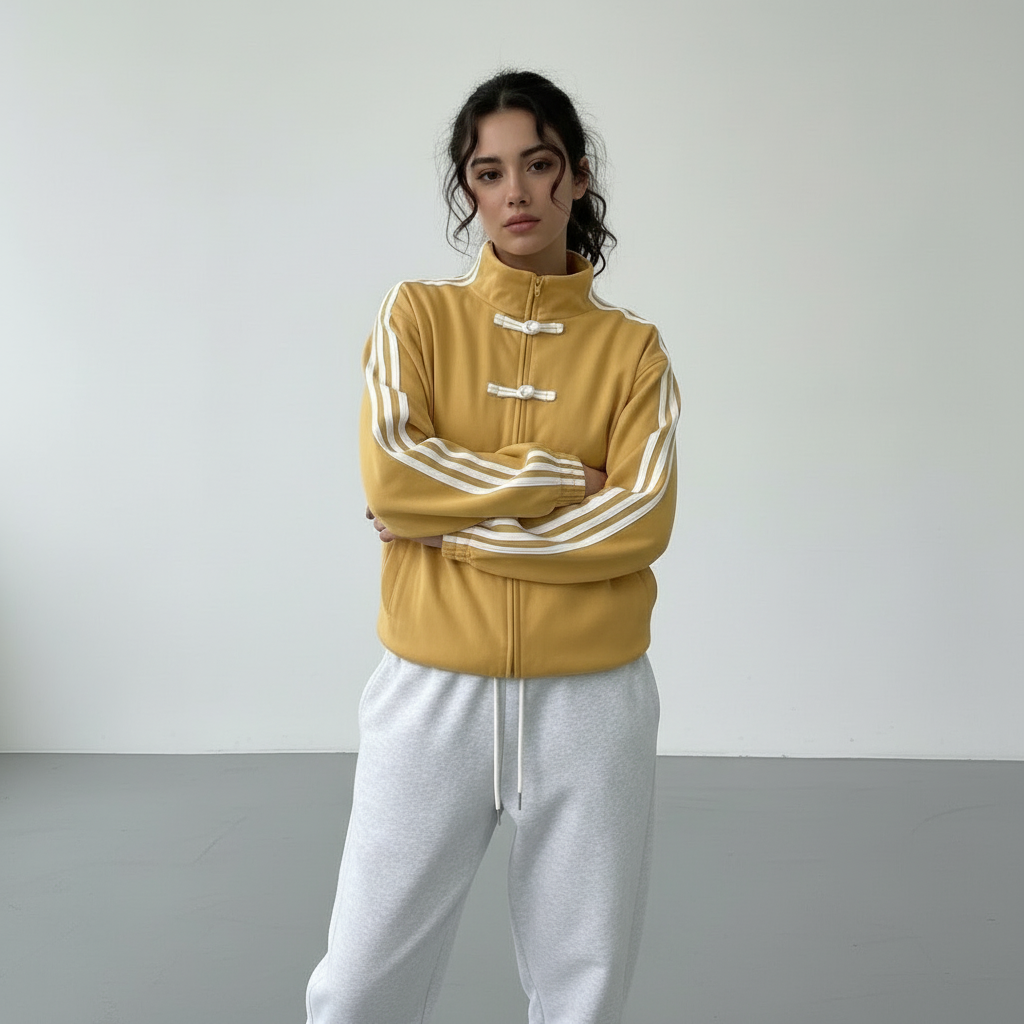 Women retro velour track jacket with contrast sleeve stripes and button closure