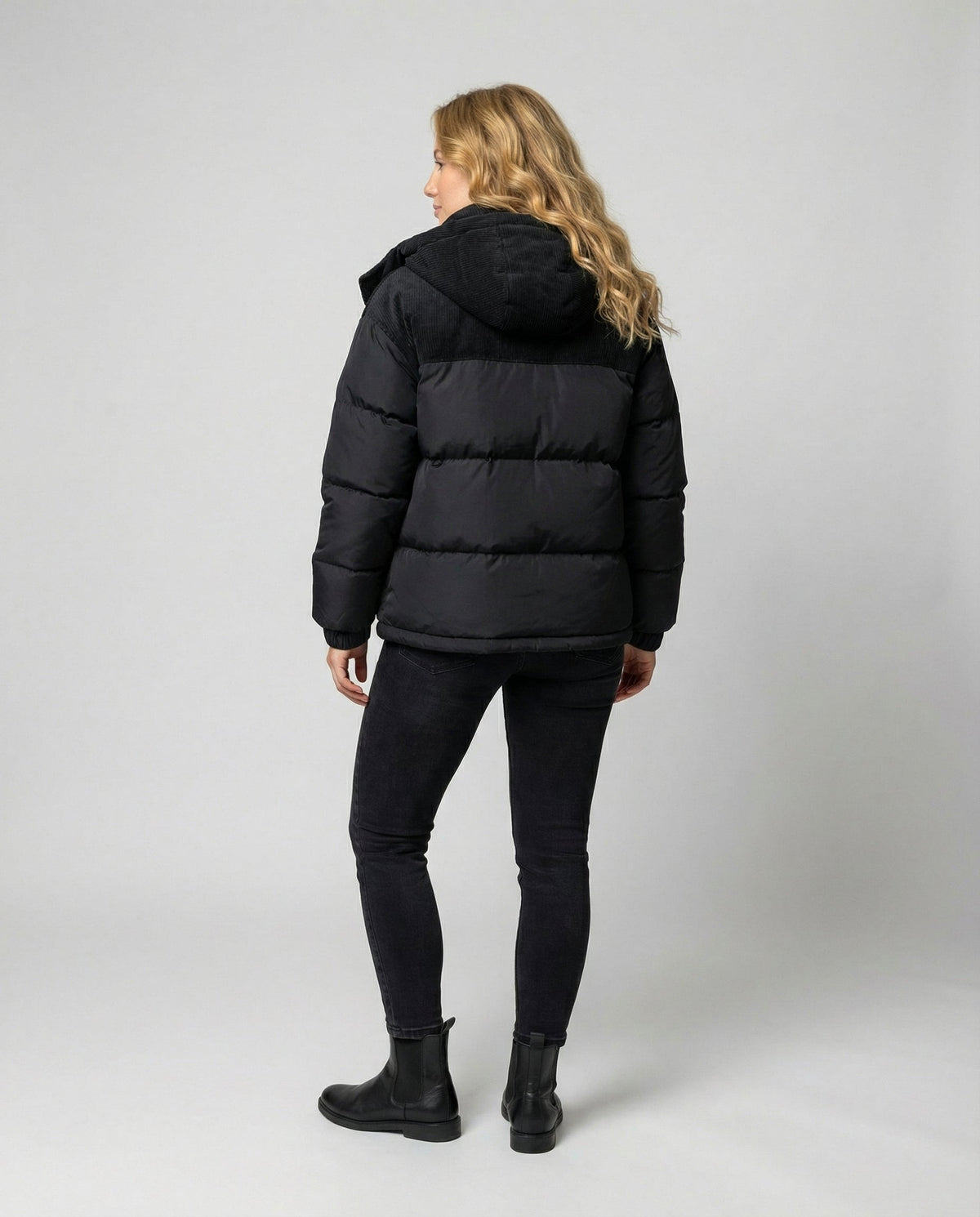Women colour block puffer jacket hooded quilted insulated winter coat