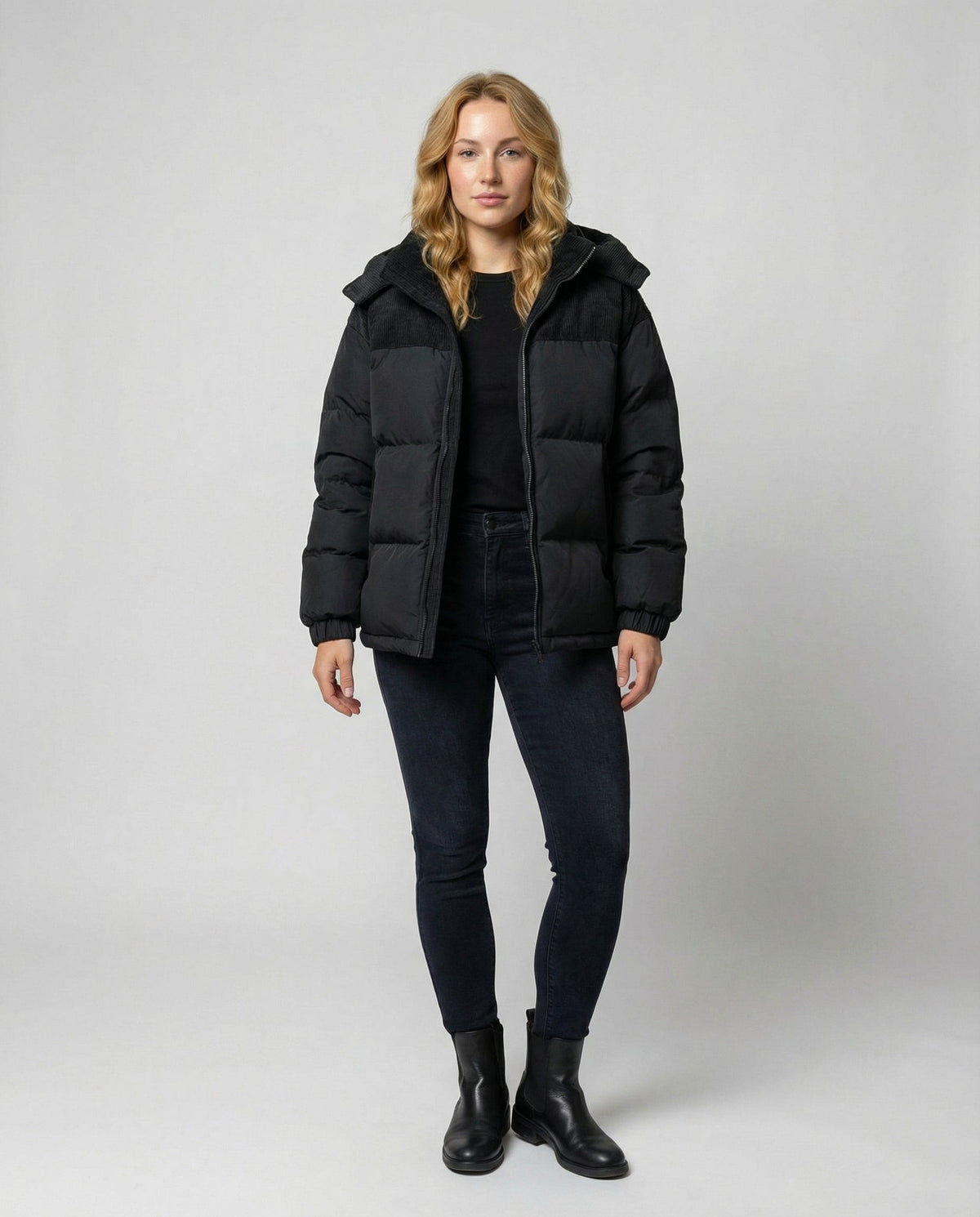 Women colour block puffer jacket hooded quilted insulated winter coat