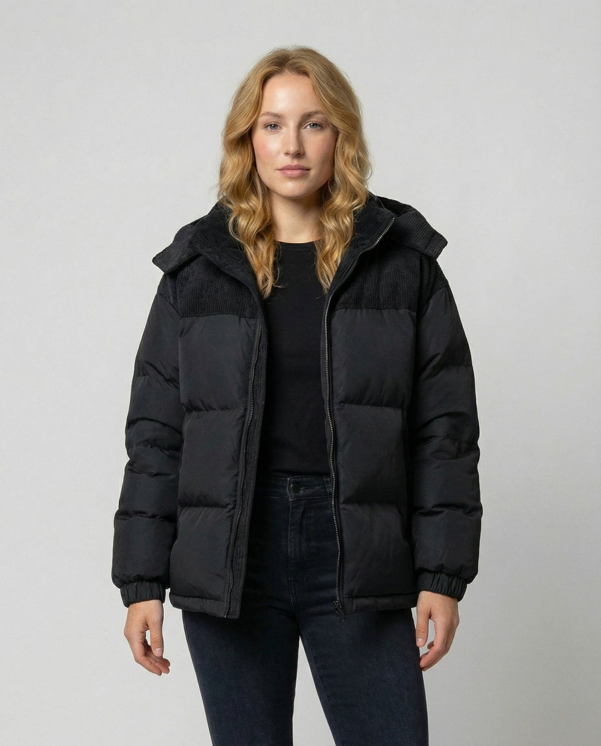 Women colour block puffer jacket hooded quilted insulated winter coat