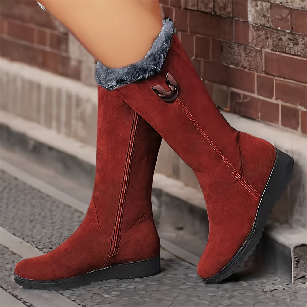 Women mid-calf boots with fur trim fold-over cuff and side zip
