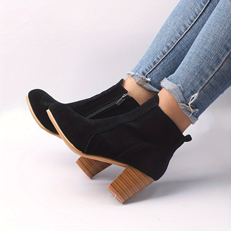 Women ankle boots stacked block heel side zip suede-look upper