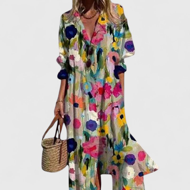 Women boho floral dress relaxed fit vibrant pattern multicolour