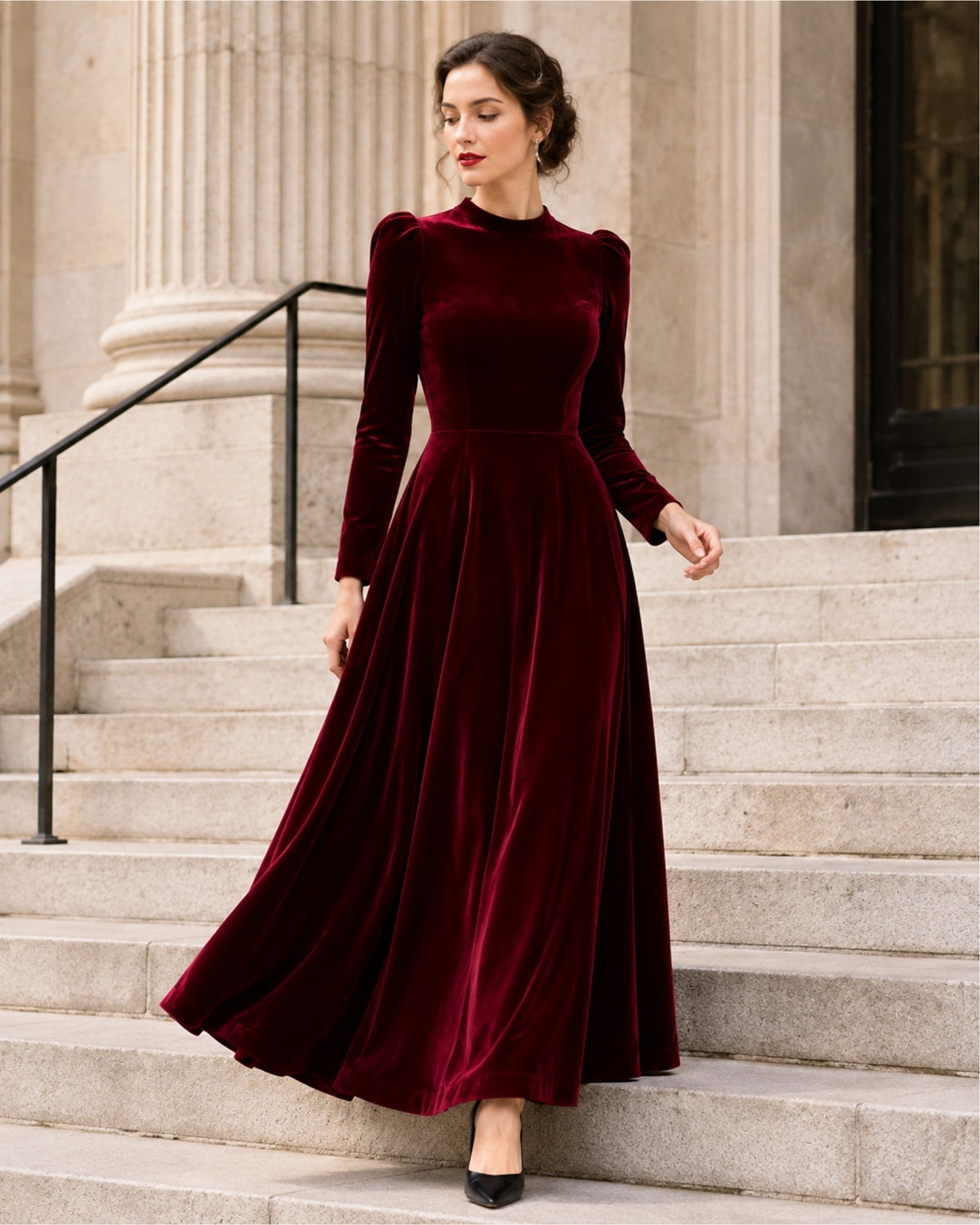 Women Velvet Midi Dress Long Sleeve A Line