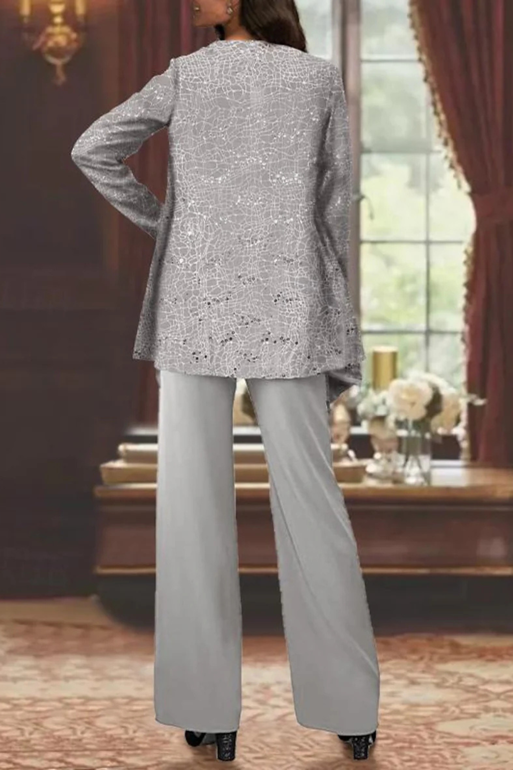 Women 3 piece sequin lace jacket wide leg trouser suit in silver for party and wedding