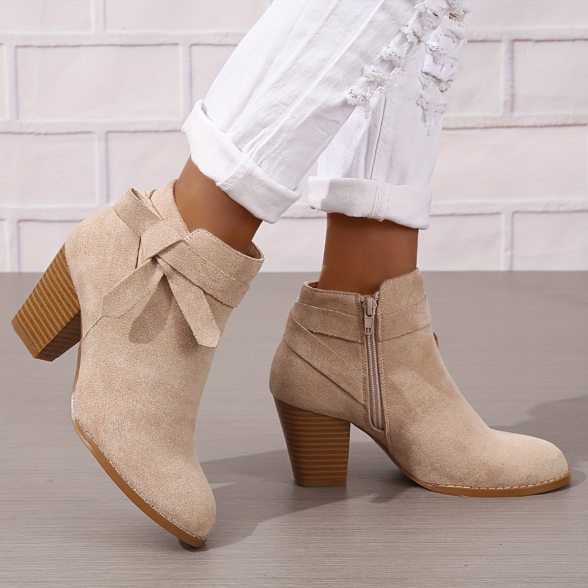 Women pointed toe block heel ankle boots with bow detail and side zip